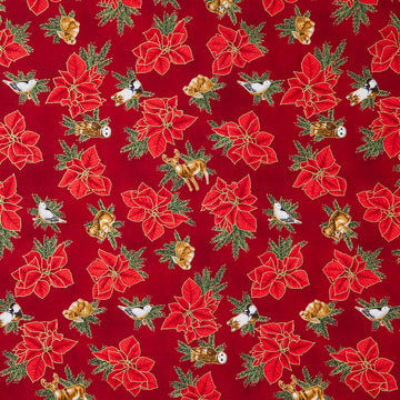 Holiday Flourish - Forest Glen Tossed Poinsettias Woodland Animals Cranberry Metallic Yardage
