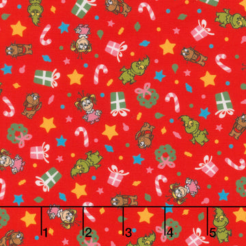 Little Grinch - Tossed Christmas Motifs Grinch Max Cindy Lou Red Yardage