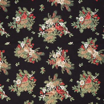 Merry Christmas - Cardinal On Floral Black Metallic Yardage