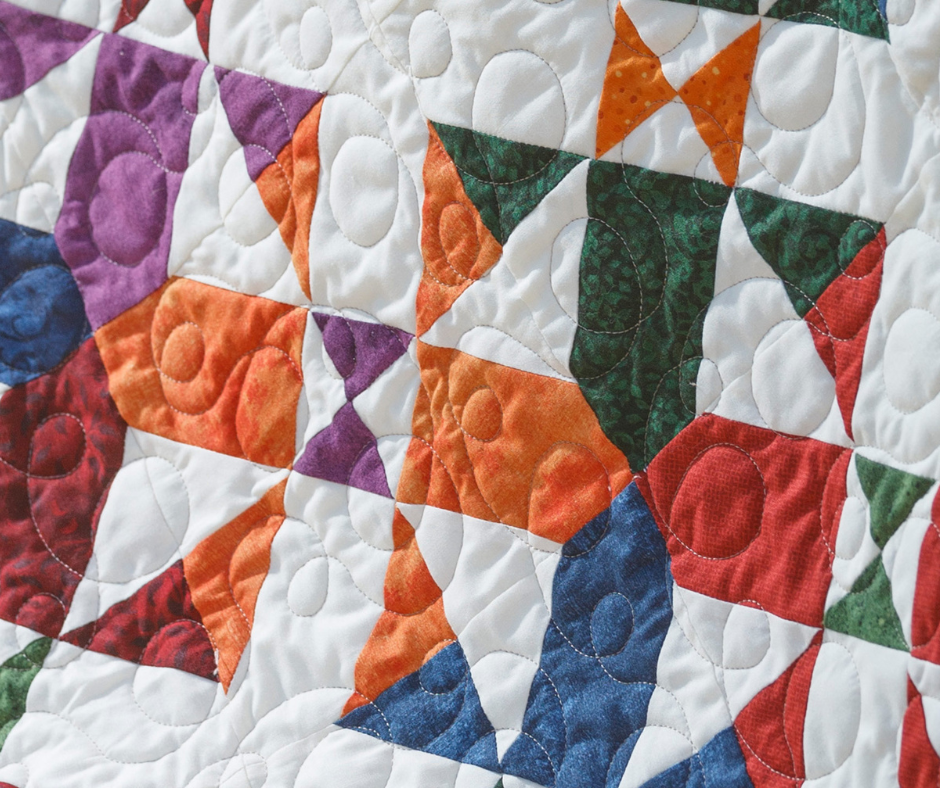Stack of 10-inch layer cake fabric squares next to a finished layer cake quilt