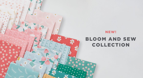 a collection of fat quarter fabric prints from the Bloom and Sew Fabric Collection by Amy Latta for Andover.