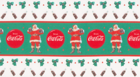 Green stripes of Santas and Coca-Cola logos, and white stripes with Coca-Cola bottles and green bows.