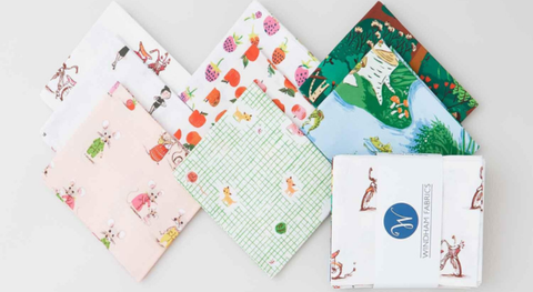 Cotton quilting fat quarter bundles of childhood motifs from the Heather Ross Favorites fabric collection.