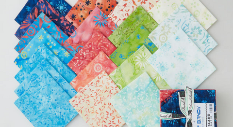 a vibrant selection of batik fabrics in a fat quarter bundle from the just dandy batiks collection.