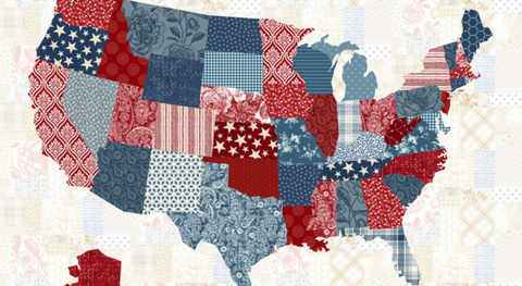 Cream panel of the United States in red and blue fabric prints.