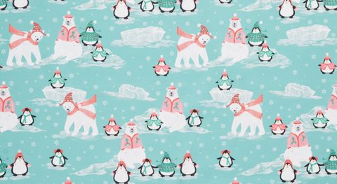 Polar bears and penguins with icy details on an aqua background from the Sleight it Ain't Snow fabric collection by Dear Stella.