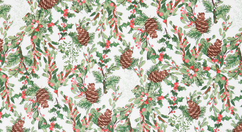 Festive Winter greenery on a white background from the Snowbirds fabric collection by Andover.