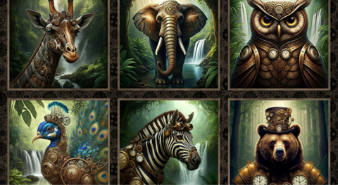 Fabric panel with blocks of steampunk fantasy animals in a brown, black, and green palette.
