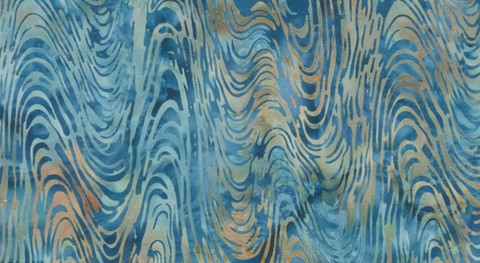 A Navy and teal batik print of wavy stripes from the Stone Strata Batiks fabric collection.