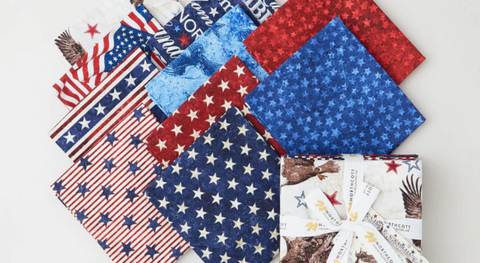 a selection of patriotic fabric prints from the stonehenge stars and stripes collection.