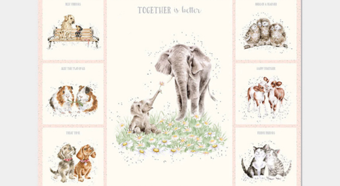 Panel with pairs and trios of animals and sentimental sayings on a cream background with pale pink frames. 