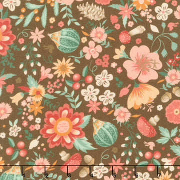 Maple and Marigolds - Flowers with Acorns & Mushrooms Cocoa Yardage