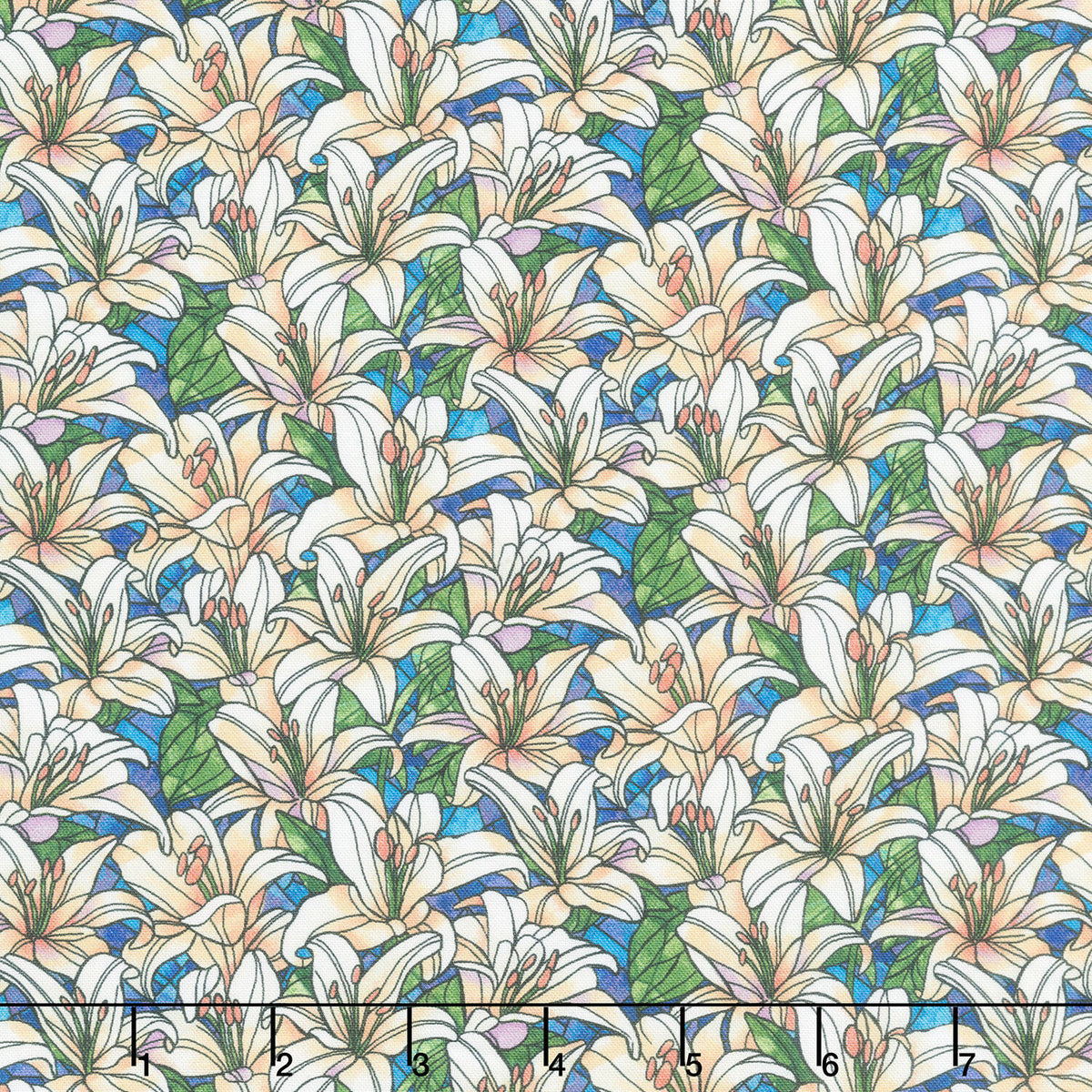 Faith in Full Color - Packed Lillies Turquoise White Yardage