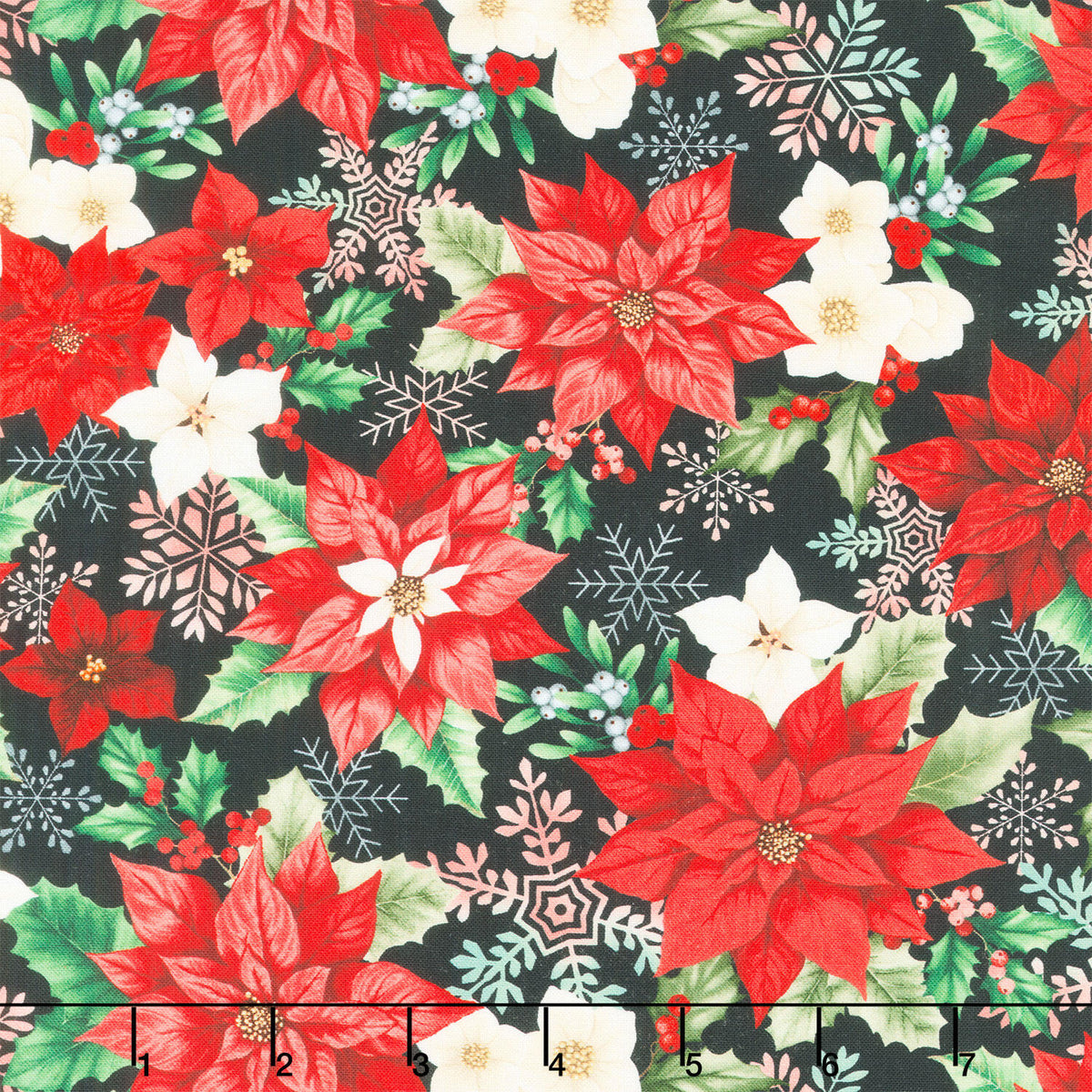 Sweet Christmas Memories - Small Poinsettia and Mistletoe Black Digitally Printed Yardage