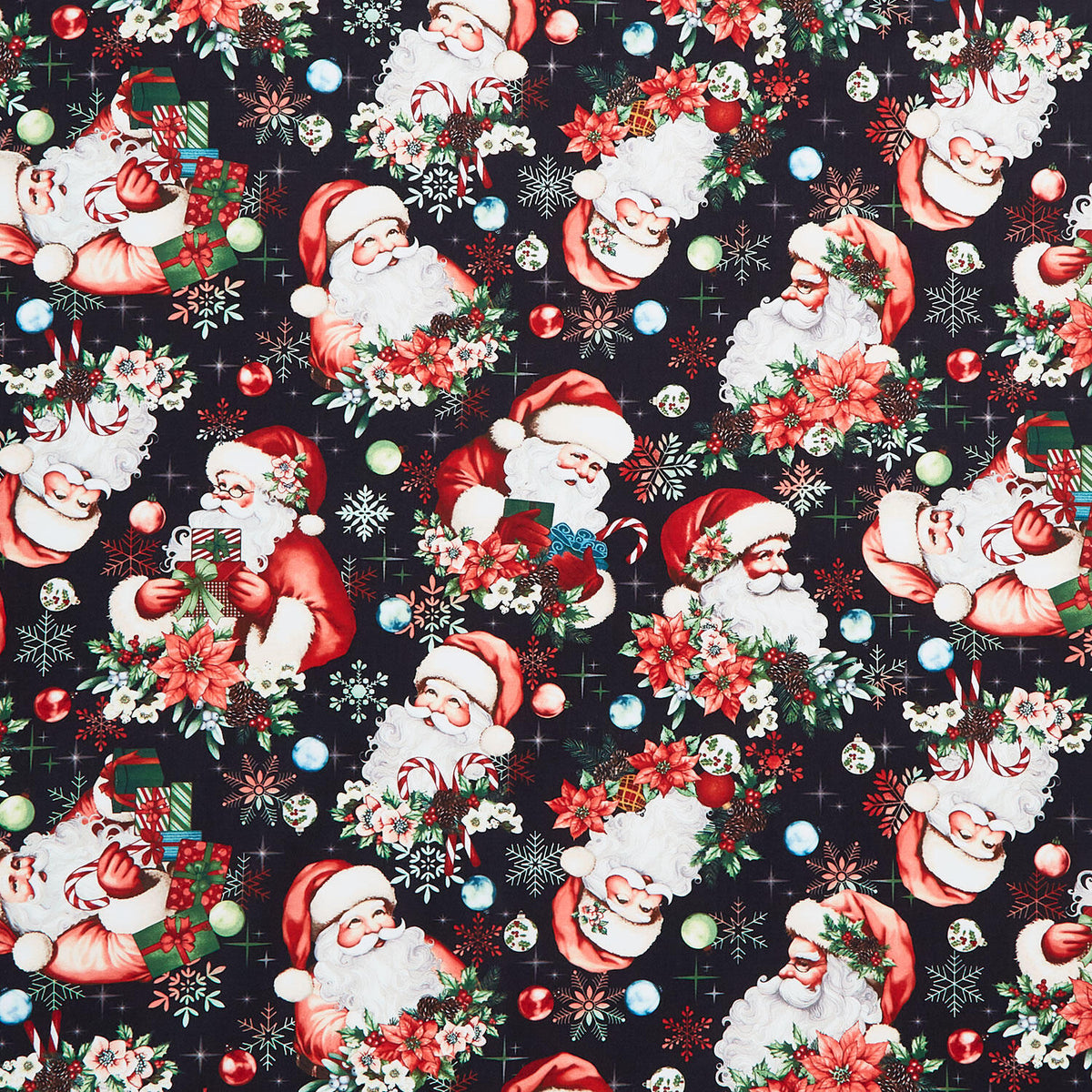 Sweet Christmas Memories - Santa Toss Black Digitally Printed Yardage