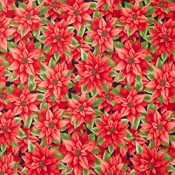 Sweet Christmas Memories - Poinsettia Black Red Multi Digitally Printed Yardage