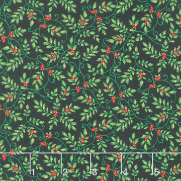 Sweet Christmas Memories - Mini Holly Vines Black Digitally Printed Yardage