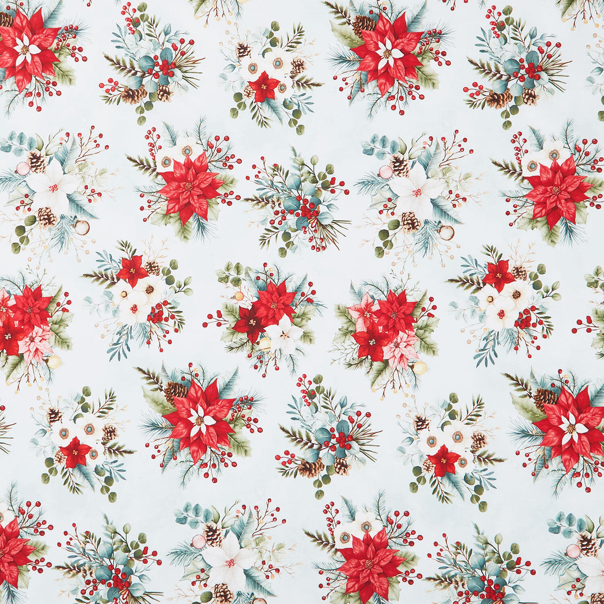 Sweet Christmas Memories - Holiday Flower Toss Ice Blue Digitally Printed Yardage