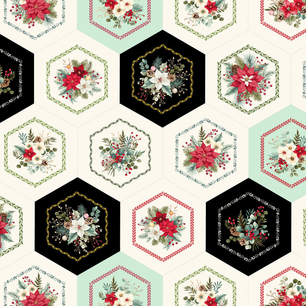 Sweet Christmas Memories - Hexie Flower Cheater Cream Digitally Printed Yardage
