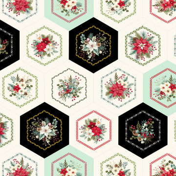 Sweet Christmas Memories - Hexie Flower Cheater Cream Digitally Printed Yardage