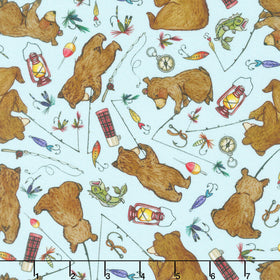 Happy Campers - Bears and Bobbers Light Blue Brown Yardage