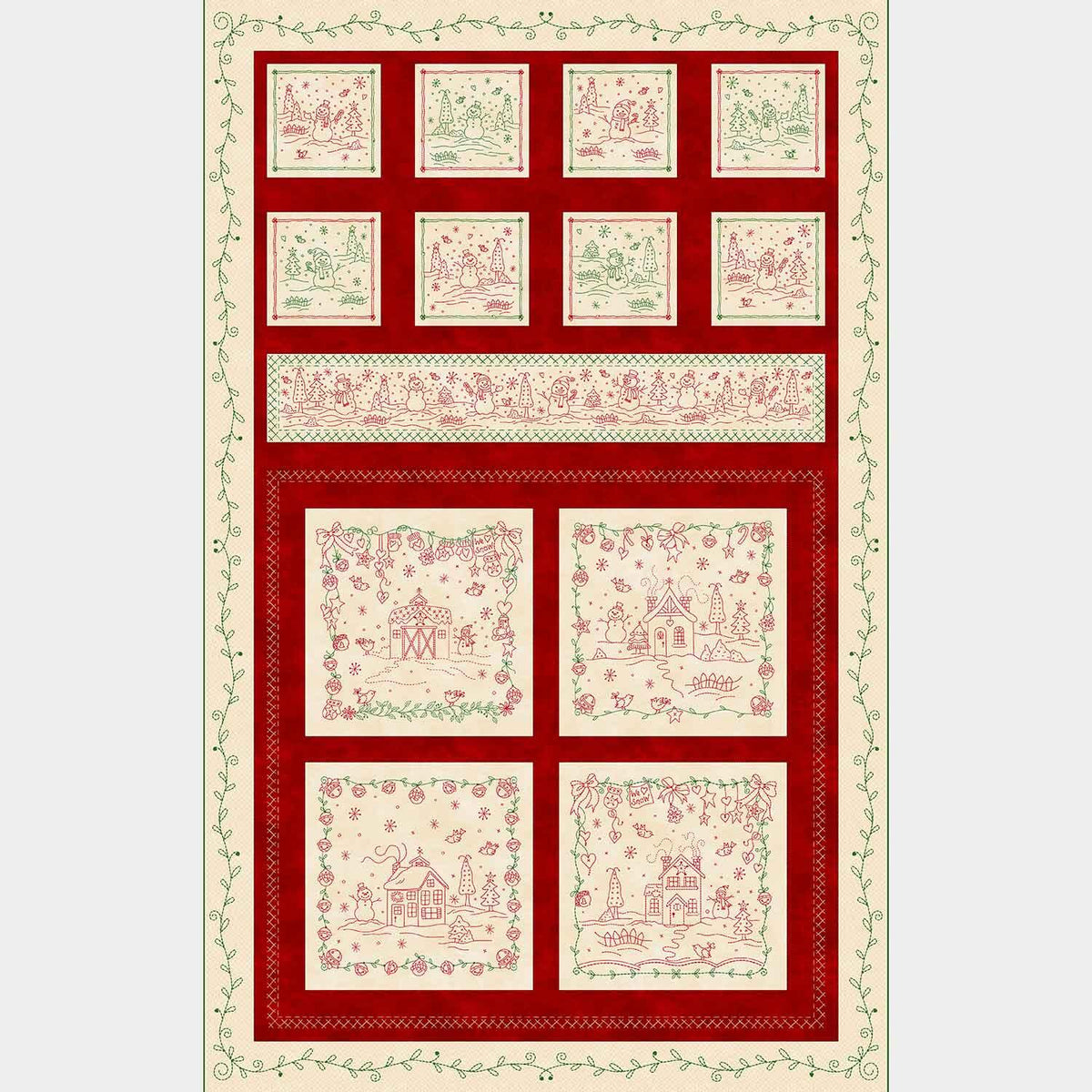 Christmastime - Cottages and Snowman Red Green Panel