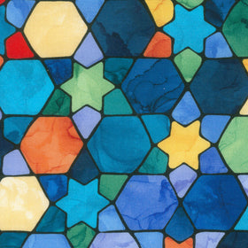 Hanukkah Lights - Multistained Glass Blue Multi Digitally Printed Yardage
