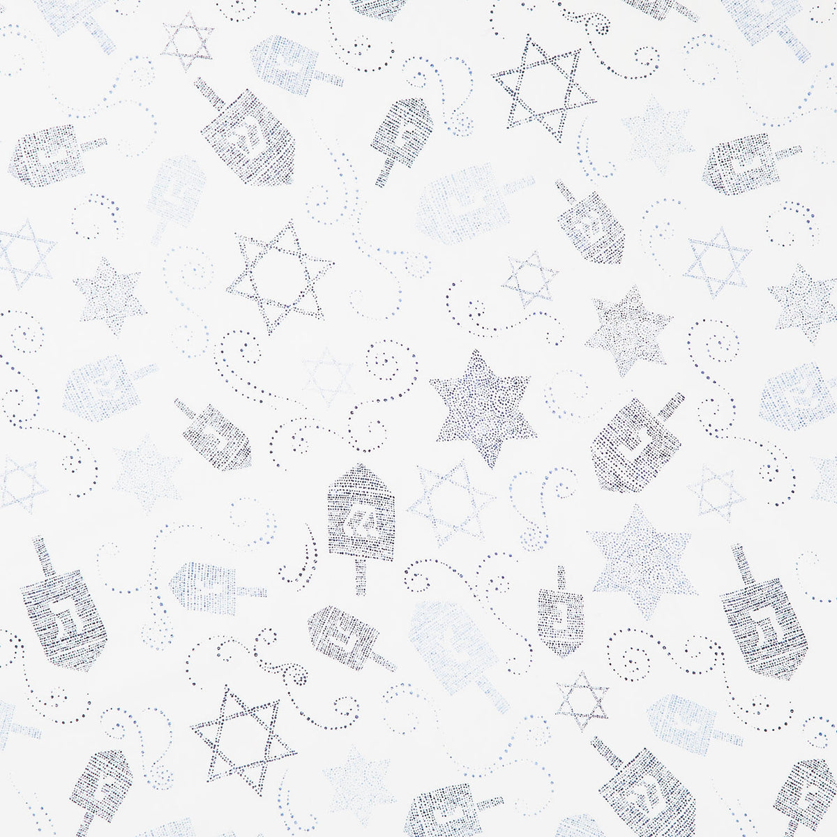 Hanukkah Lights - Tossed Dreidels and Stars of David White-Blue Yardage
