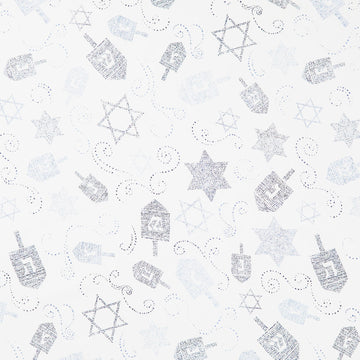 Hanukkah Lights - Tossed Dreidels and Stars of David White-Blue Yardage