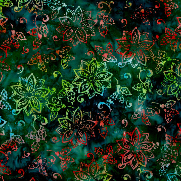 Christmas Cheer - Poinsettias Swirls Emerald Yardage
