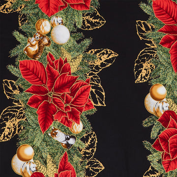 Holiday Flourish - Forest Glen Border Stripe Poinsettias Black Metallic Yardage
