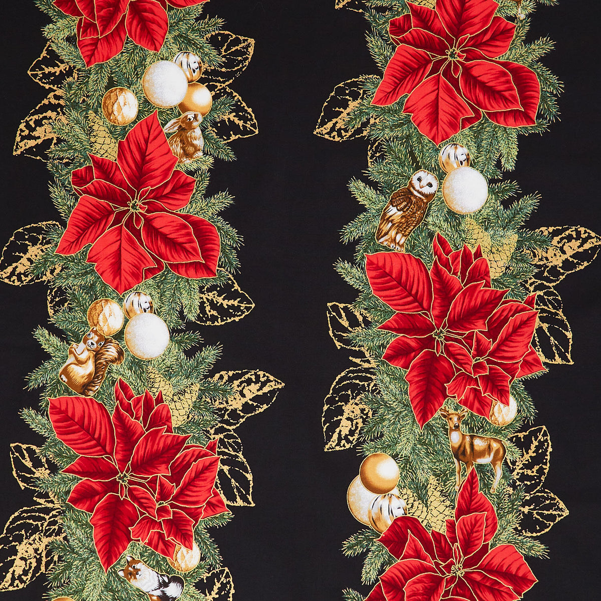Holiday Flourish - Forest Glen Border Stripe Poinsettias Black Metallic Yardage