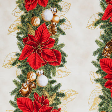 Holiday Flourish - Forest Glen Border Stripe Poinsettias Cream Metallic Yardage
