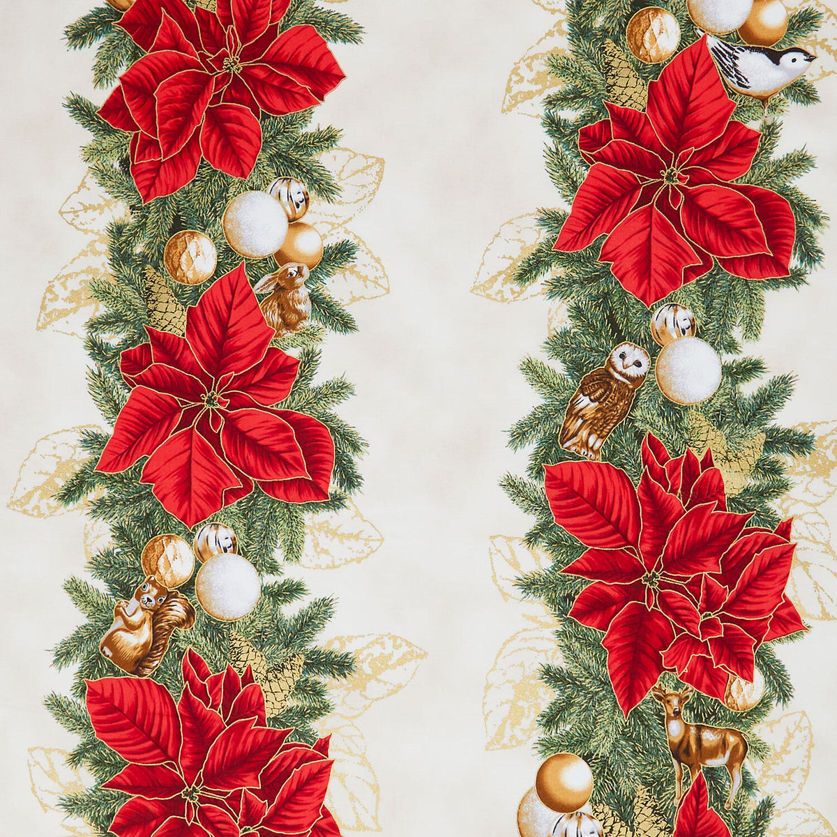 Holiday Flourish - Forest Glen Border Stripe Poinsettias Cream Metallic Yardage