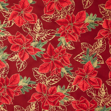 Holiday Flourish - Forest Glen Poinsettias Leaf Outlines Cranberry Metallic Yardage