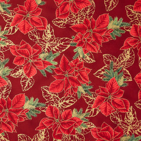Holiday Flourish - Forest Glen Poinsettias Leaf Outlines Cranberry Metallic Yardage