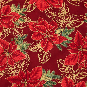 Holiday Flourish - Forest Glen Poinsettias Leaf Outlines Cranberry Metallic Yardage