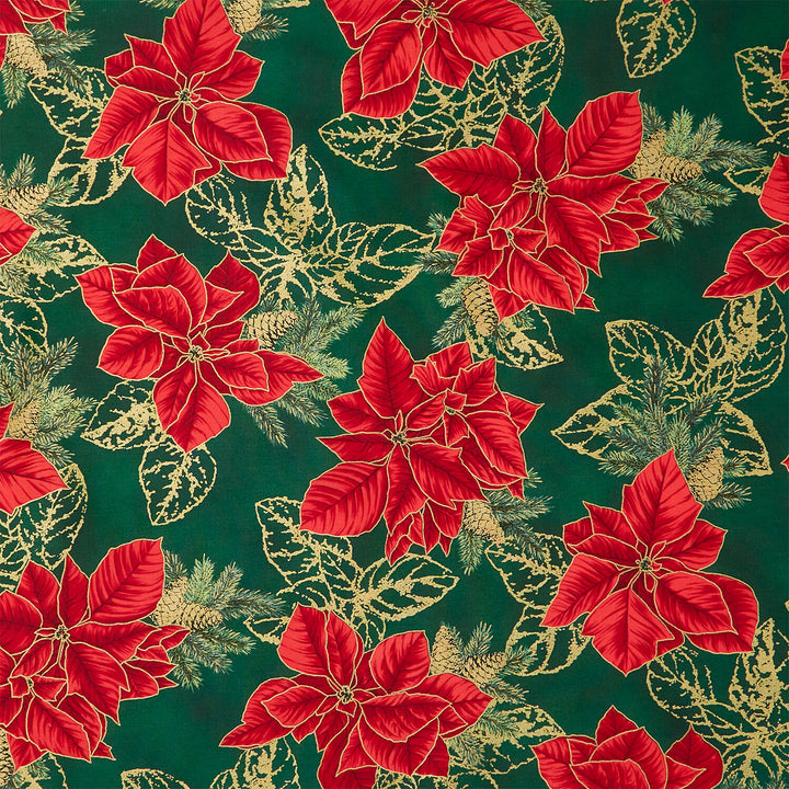 Holiday Flourish - Forest Glen Poinsettias Leaf Outlines Evergreen Metallic Yardage