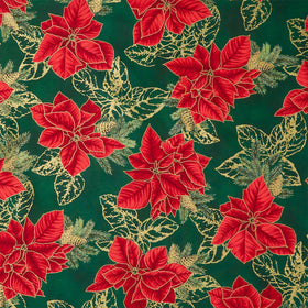 Holiday Flourish - Forest Glen Poinsettias Leaf Outlines Evergreen Metallic Yardage