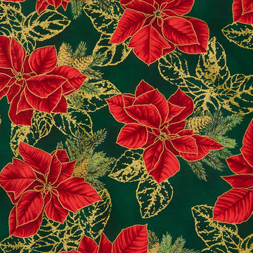Holiday Flourish - Forest Glen Poinsettias Leaf Outlines Evergreen Metallic Yardage