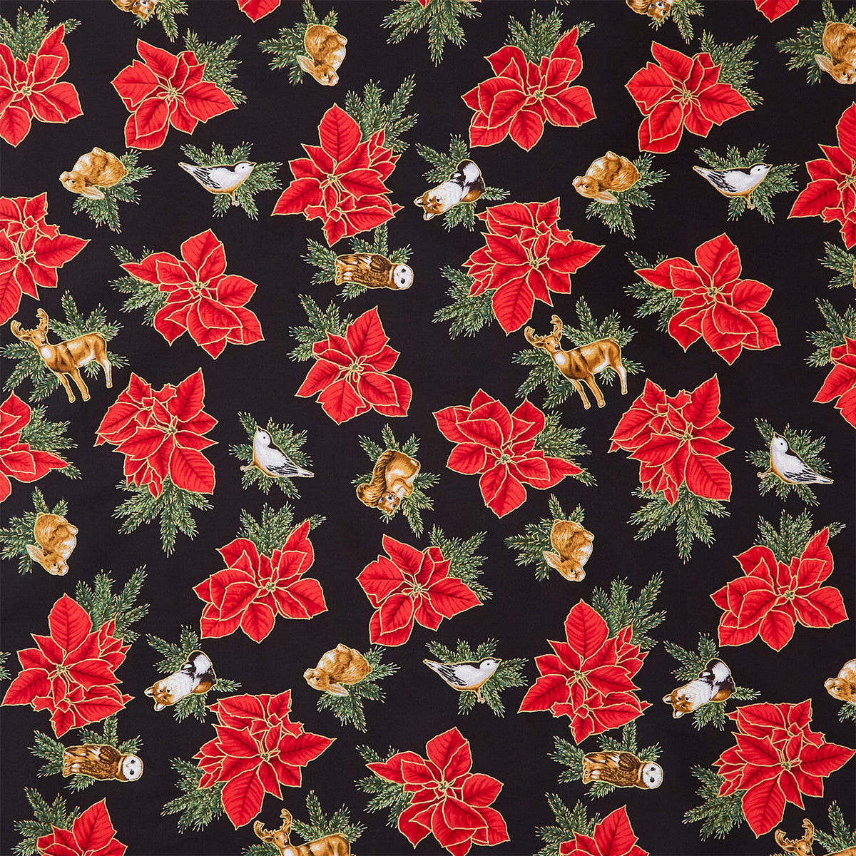 Holiday Flourish - Forest Glen Tossed Poinsettias Woodland Animals Black Metallic Yardage