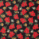 Holiday Flourish - Forest Glen Tossed Poinsettias Woodland Animals Black Metallic Yardage