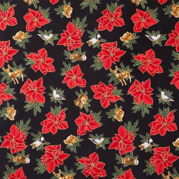 Holiday Flourish - Forest Glen Tossed Poinsettias Woodland Animals Black Metallic Yardage