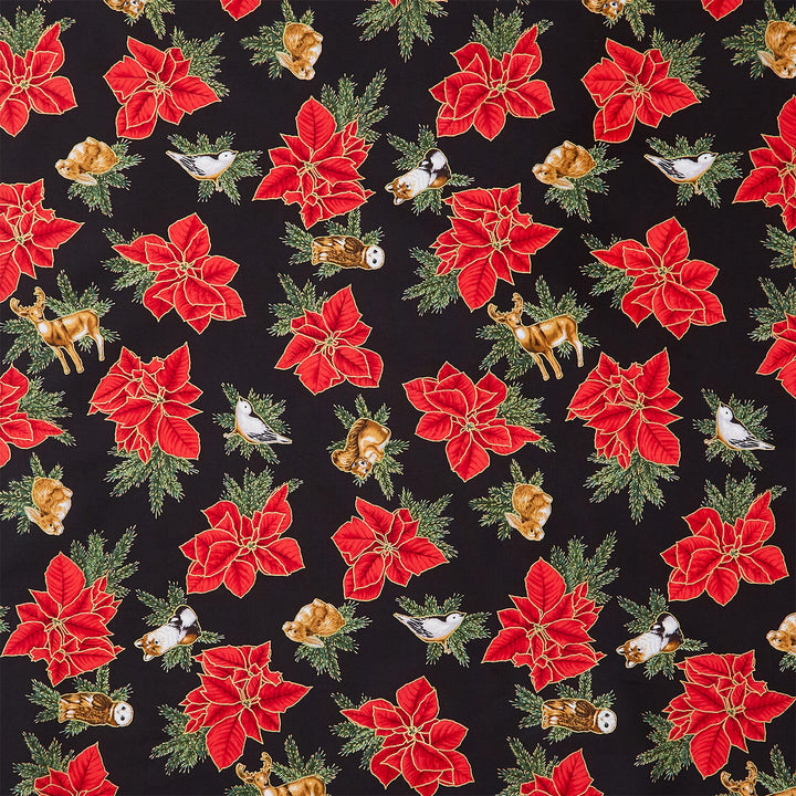 Holiday Flourish - Forest Glen Tossed Poinsettias Woodland Animals Black Metallic Yardage