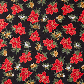 Holiday Flourish - Forest Glen Tossed Poinsettias Woodland Animals Black Metallic Yardage