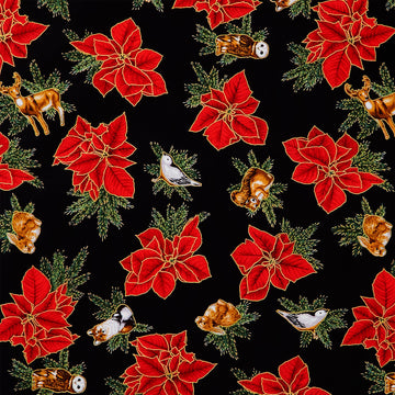 Holiday Flourish - Forest Glen Tossed Poinsettias Woodland Animals Black Metallic Yardage