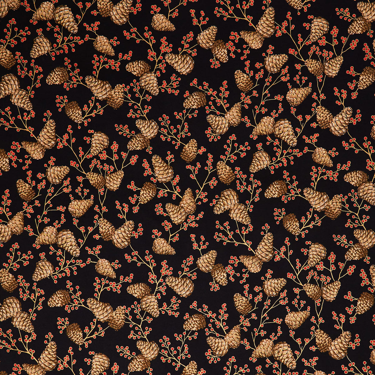 Holiday Flourish - Forest Glen Tossed Pinecones Berry Sprigs Black Metallic Yardage