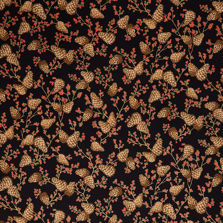 Holiday Flourish - Forest Glen Tossed Pinecones Berry Sprigs Black Metallic Yardage