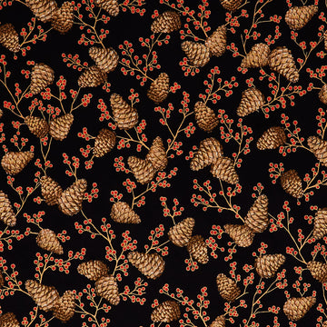 Holiday Flourish - Forest Glen Tossed Pinecones Berry Sprigs Black Metallic Yardage