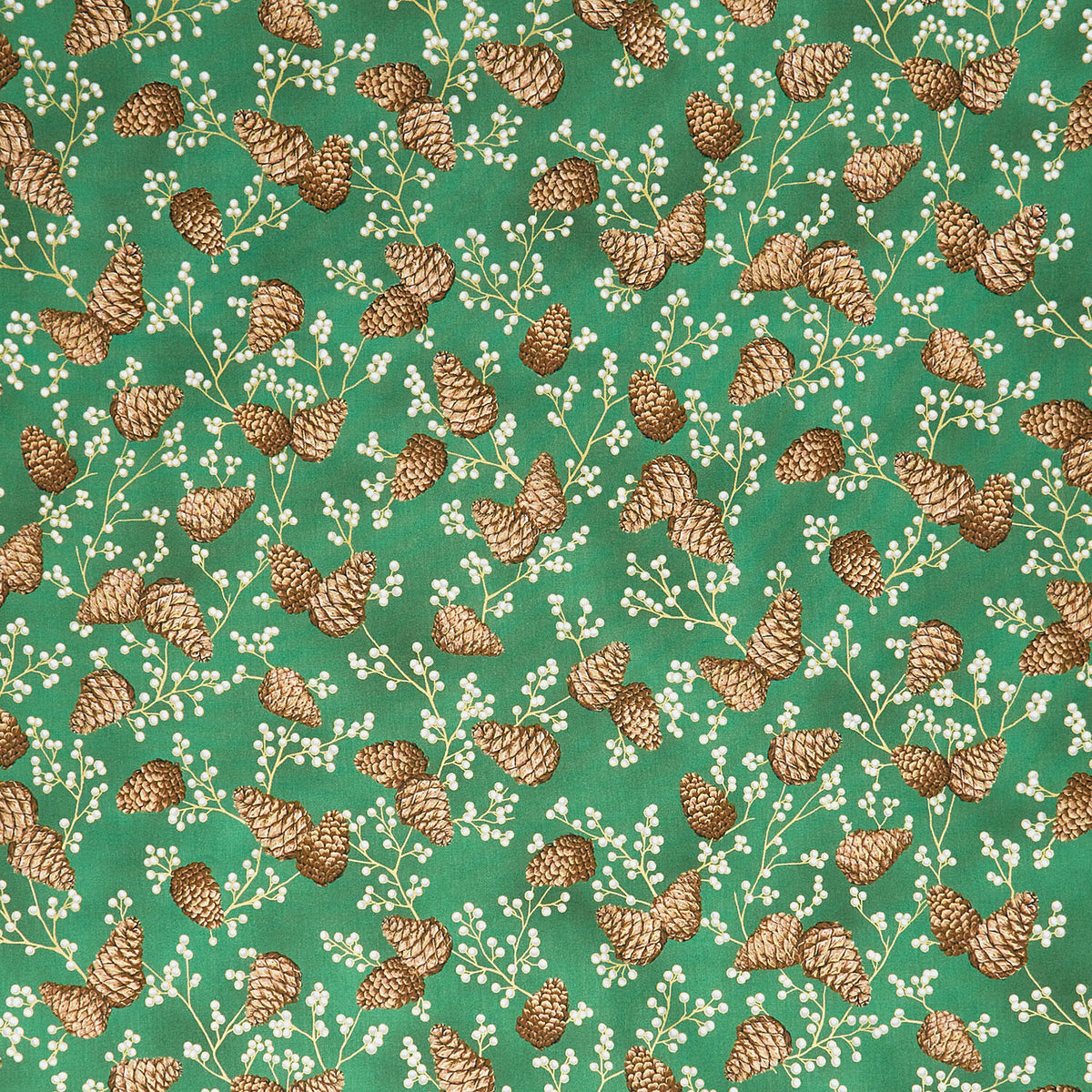 Holiday Flourish - Forest Glen Tossed Pinecones Berry Sprigs Grass Metallic Yardage
